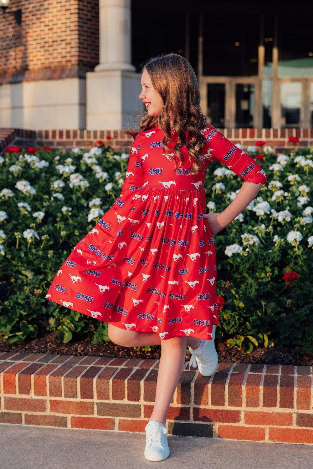 SMU Red Mustang 3/4 Sleeve Pocket Twirl Dress - Mila & Rose ® - Flyclothing LLC