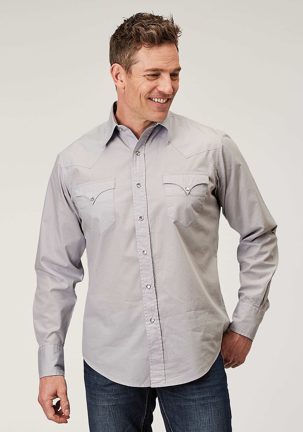 Roper Mens Long Sleeve Snap Solid Poplin Grey Western Shirt - Roper - Flyclothing LLC