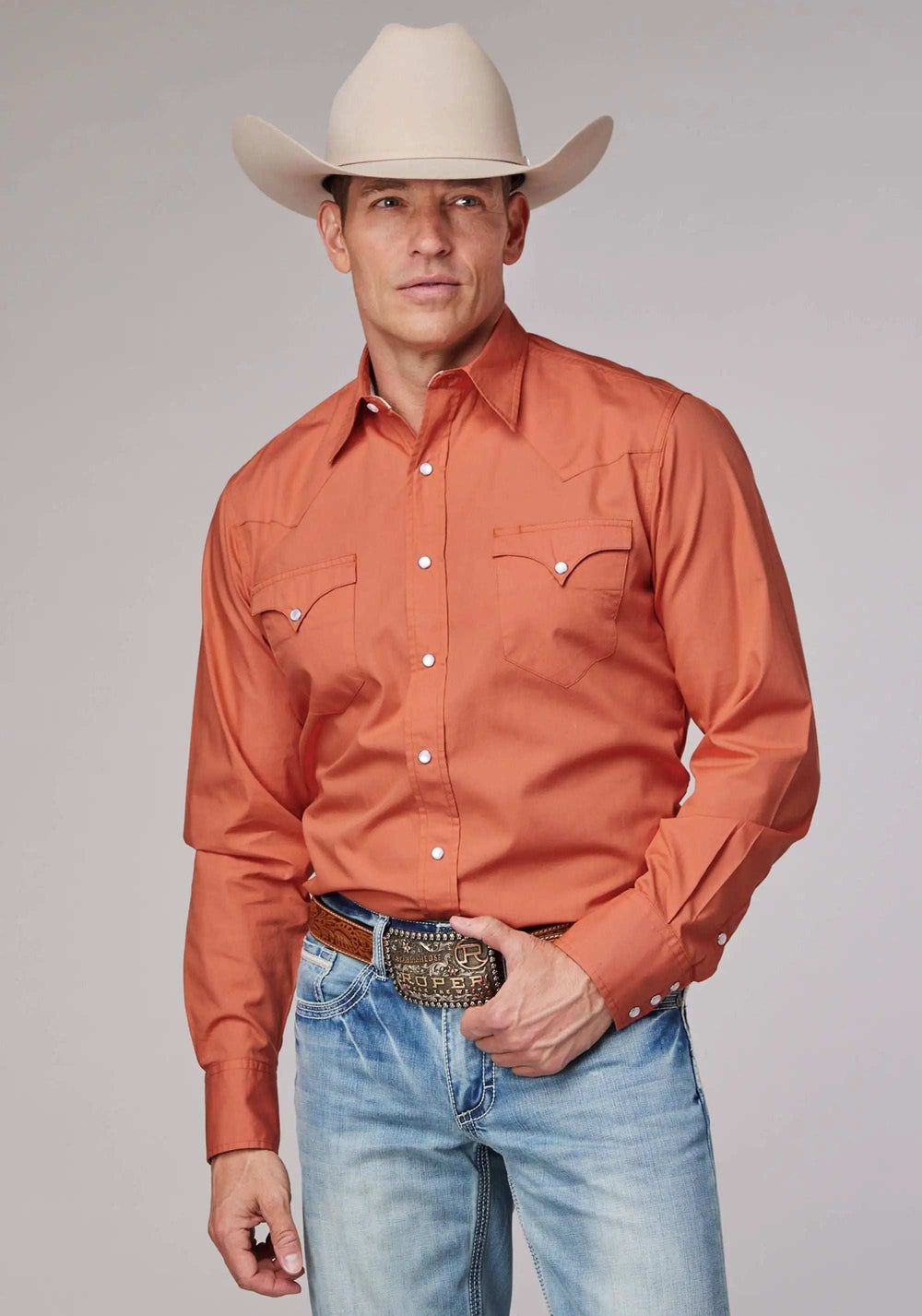 Roper Mens Long Sleeve Snap Solid Poplin Tangerine Western Shirt - Roper - Flyclothing LLC