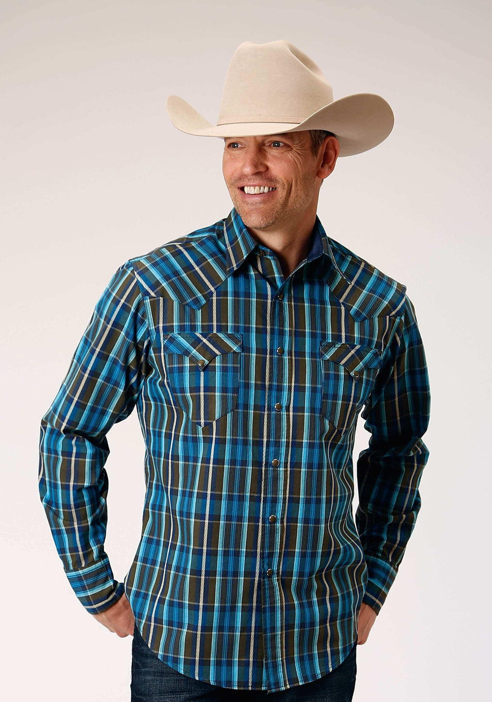 Roper Mens Long Sleeve Snap Diamond Dobby Plaid Western Shirt - Roper - Flyclothing LLC