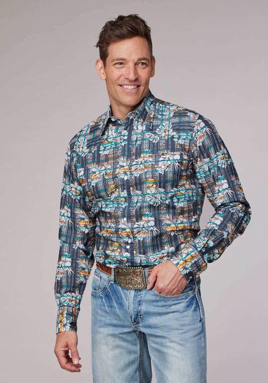 Roper Mens Long Sleeve Snap Distressed Tropical Print Western Shirt - Roper - Flyclothing LLC