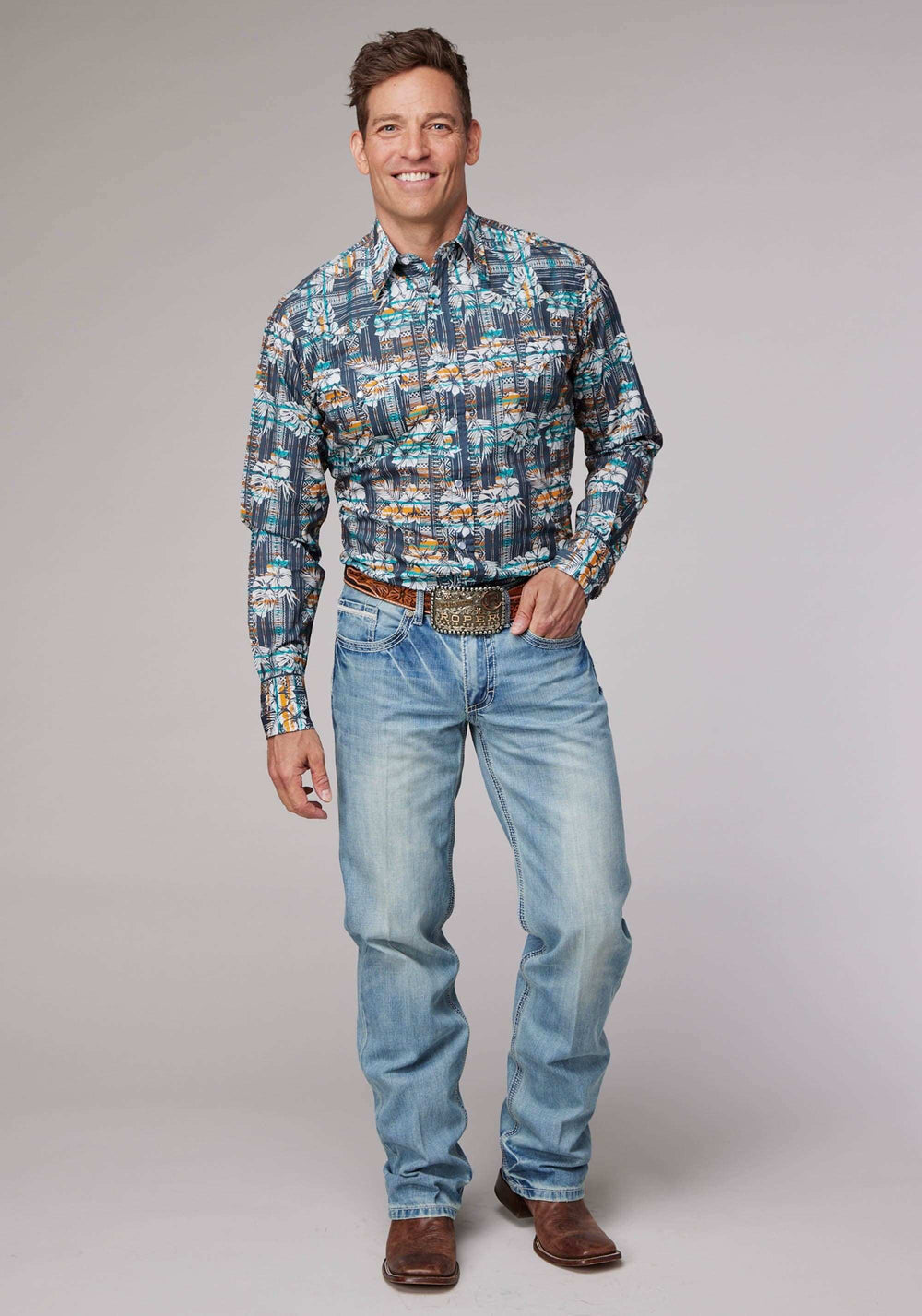 Roper Mens Long Sleeve Snap Distressed Tropical Print Western Shirt - Roper - Flyclothing LLC
