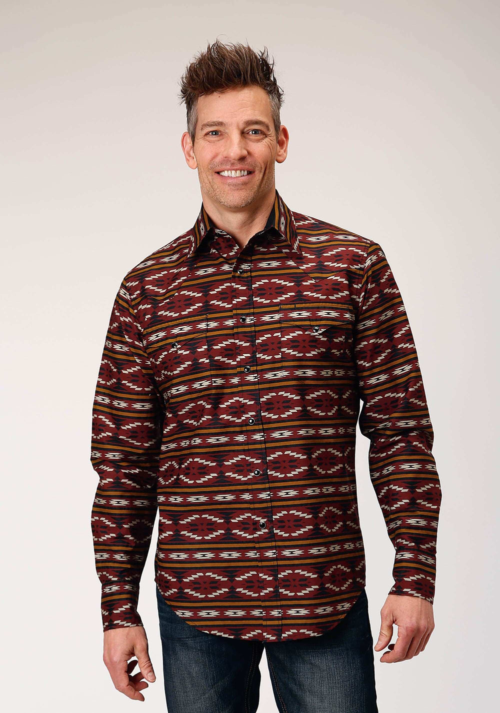 Roper Mens Long Sleeve Snap Red Aztec Horizontal Stripe Western Shirt - Roper - Flyclothing LLC