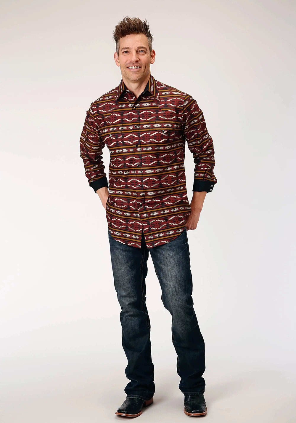 Roper Mens Long Sleeve Snap Red Aztec Horizontal Stripe Western Shirt - Roper - Flyclothing LLC