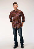 Roper Mens Long Sleeve Snap Red Aztec Horizontal Stripe Western Shirt - Roper - Flyclothing LLC