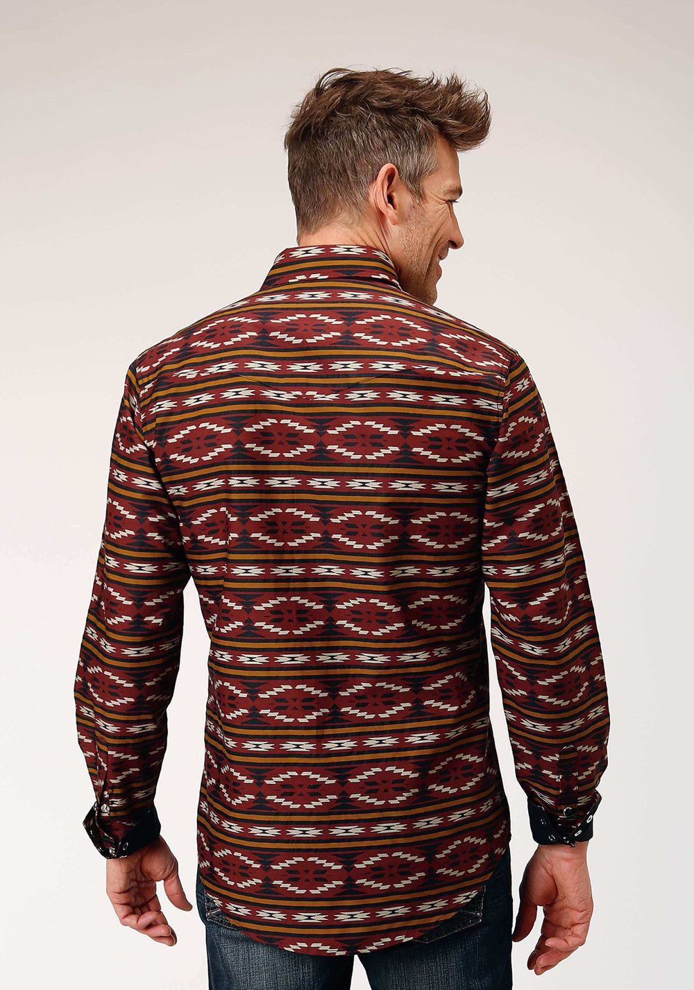 Roper Mens Long Sleeve Snap Red Aztec Horizontal Stripe Western Shirt - Roper - Flyclothing LLC