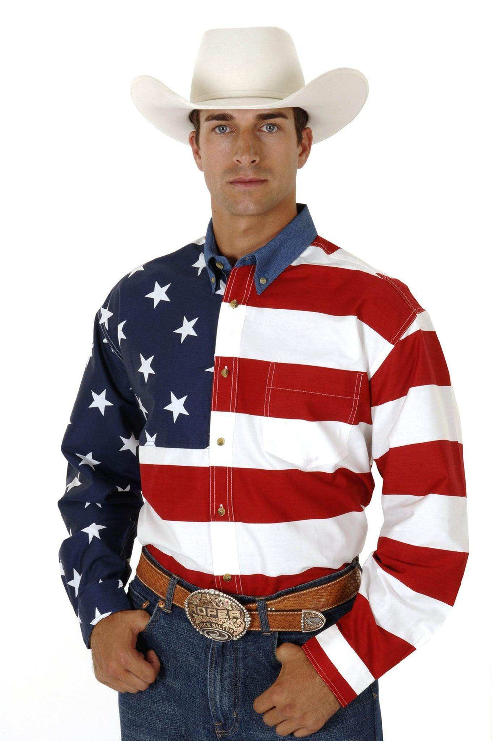 Roper Mens Red White And Blue Stars And Stripes Pieced American Flag Long Sleeve Western Snap Shirt - Roper - Flyclothing LLC