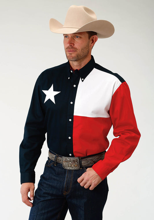 Roper Mens Red White And Blue Pieced Texas Flag Long Sleeve Western Snap Shirt