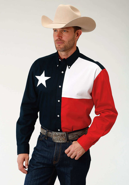 Roper Mens Red White And Blue Pieced Texas Flag Long Sleeve Western Snap Shirt - Roper - Flyclothing LLC