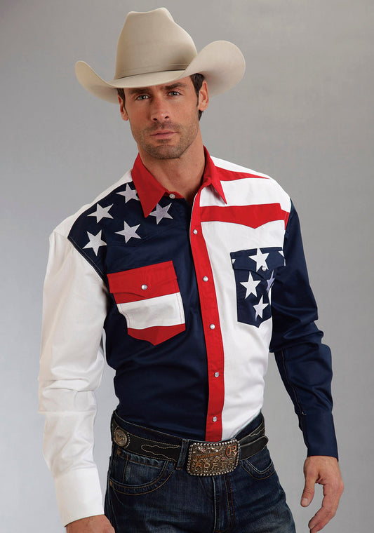 Roper Mens Red White And Blue Colorblocked Pieced Long Sleeve Western Snap Shirt