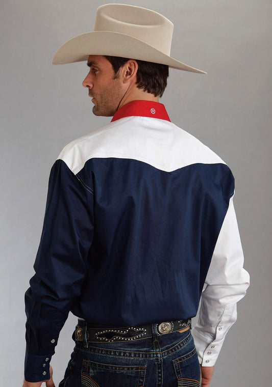 Roper Mens Red White And Blue Colorblocked Pieced Long Sleeve Western Snap Shirt