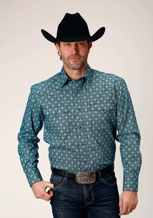 Roper Mens Long Sleeve Snap Lattice Medallion Print Western Shirt - Roper - Flyclothing LLC