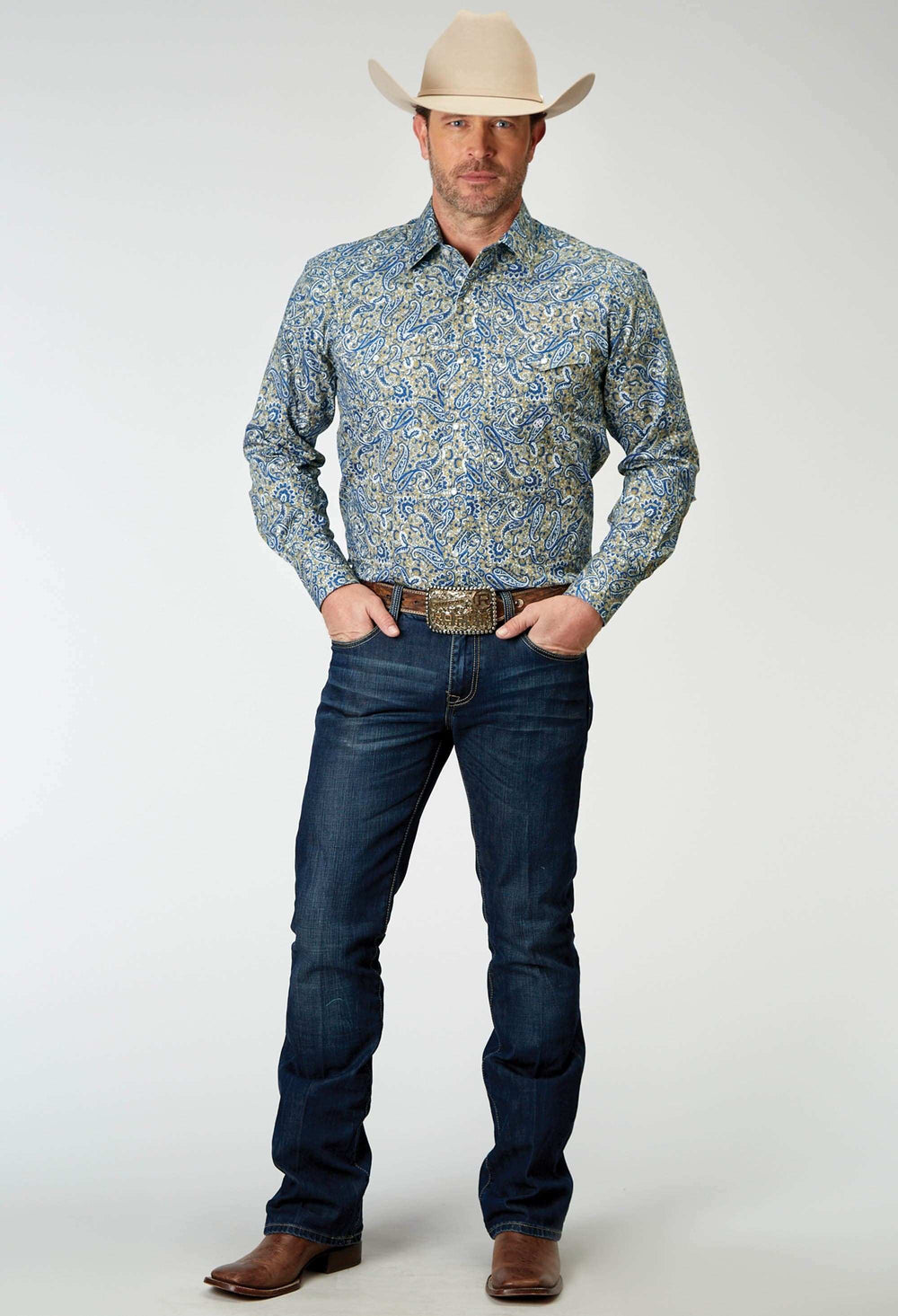 Roper Mens Long Sleeve Snap Delft Paisley Western Shirt - Roper - Flyclothing LLC