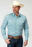 Roper Mens Long Sleeve Snap Stretch Poplin Teal Paisley Western Shirt - Roper - Flyclothing LLC