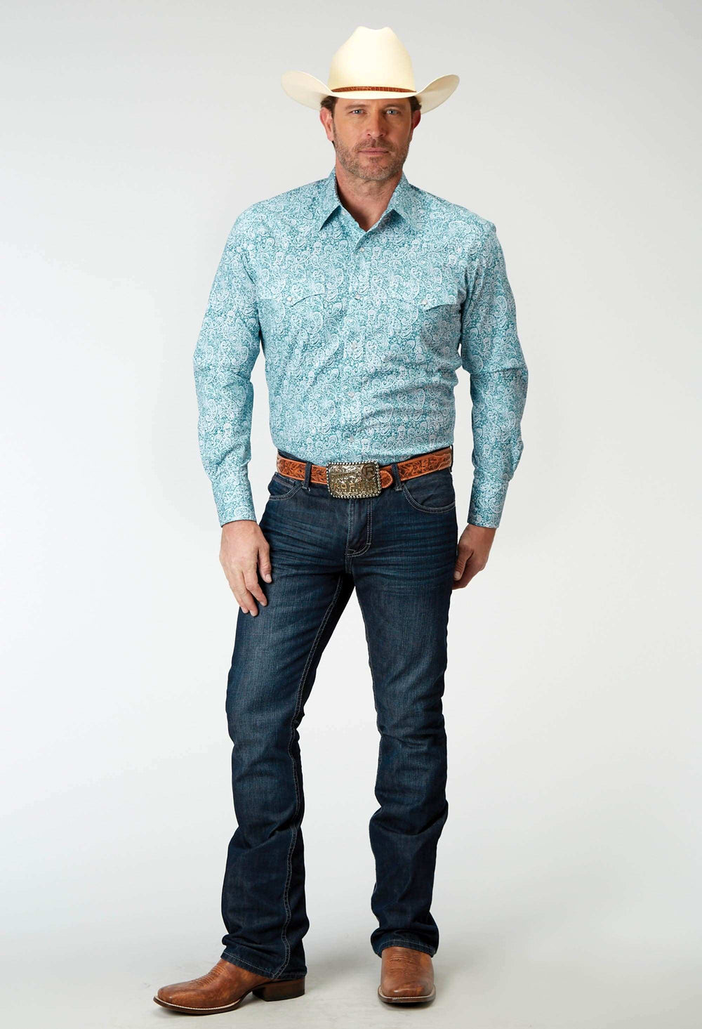 Roper Mens Long Sleeve Snap Stretch Poplin Teal Paisley Western Shirt - Roper - Flyclothing LLC