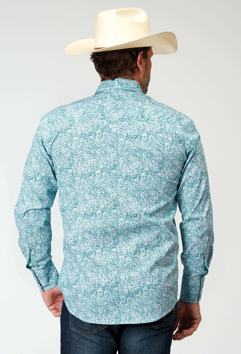 Roper Mens Long Sleeve Snap Stretch Poplin Teal Paisley Western Shirt - Roper - Flyclothing LLC