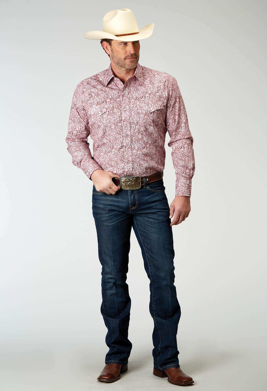 Roper Mens Long Sleeve Snap Stretch Poplin Red Paisley Western Shirt - Roper - Flyclothing LLC