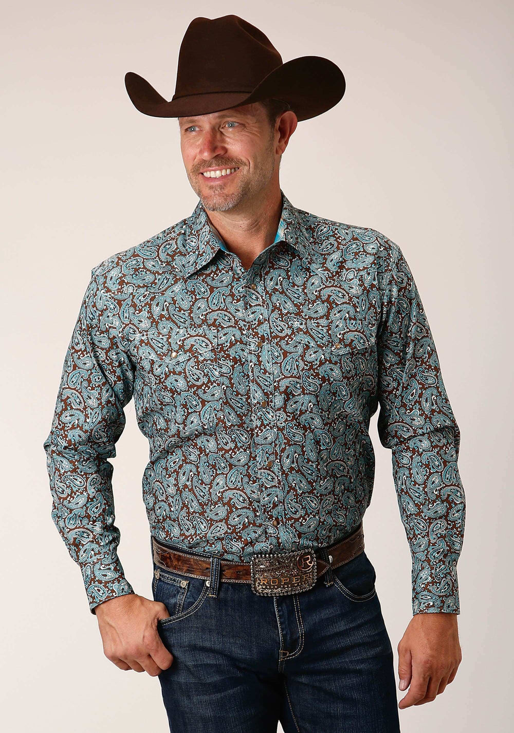 Roper Mens Long Sleeve Snap Turquoise Mine Paisley Western Shirt - Roper - Flyclothing LLC