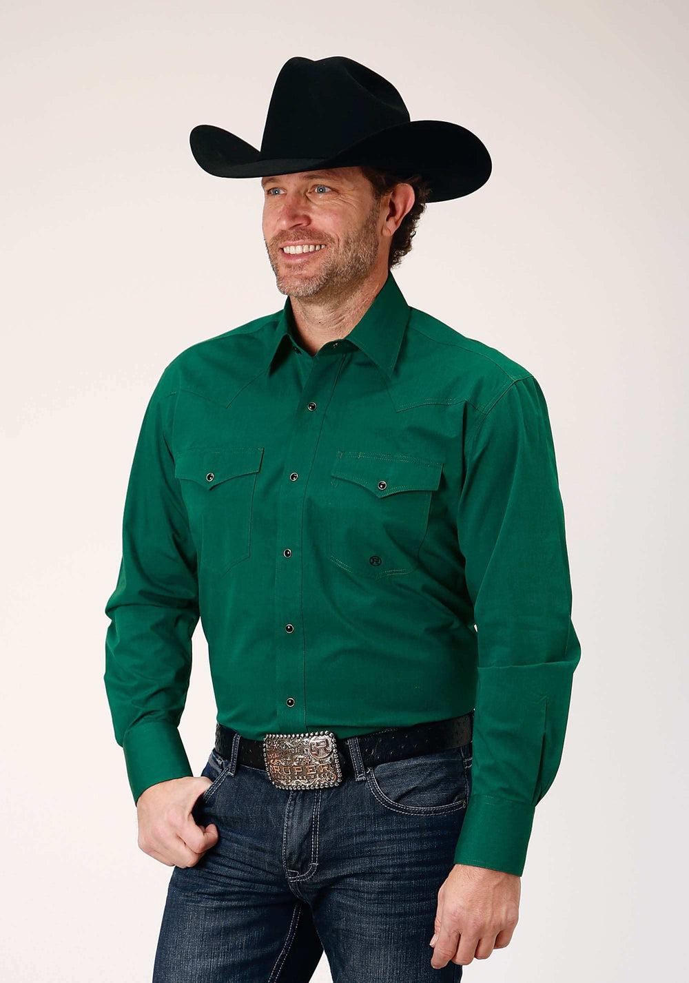 Roper Mens Long Sleeve Snap Black Fill Solid Green Western Shirt - Roper - Flyclothing LLC