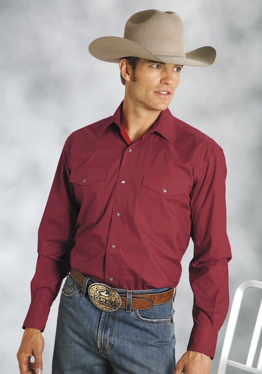 Roper Mens Burgundy Solid Long Sleeve Western Snap Shirt