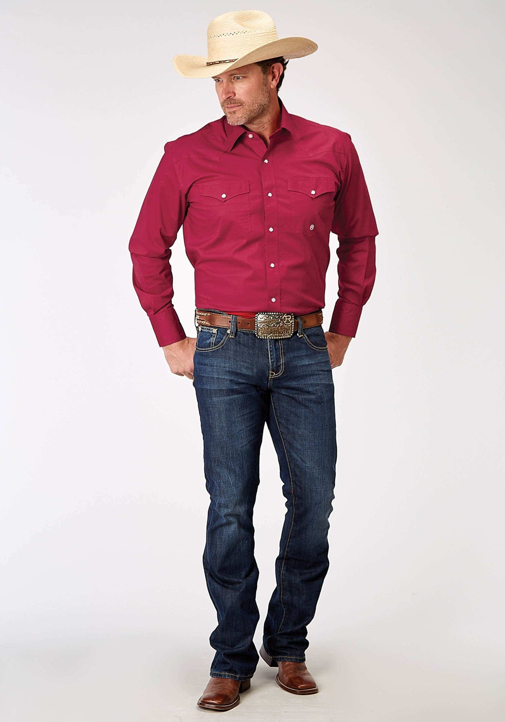 Roper Mens Long Sleeve Snap Solid Poplin Stretch Red Western Shirt - Roper - Flyclothing LLC