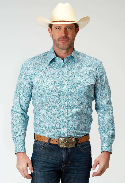 Roper Mens Long Sleeve Button Stretch Poplin Teal Paisley Western Shirt - Roper - Flyclothing LLC