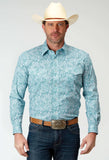Roper Mens Long Sleeve Button Stretch Poplin Teal Paisley Western Shirt - Roper - Flyclothing LLC