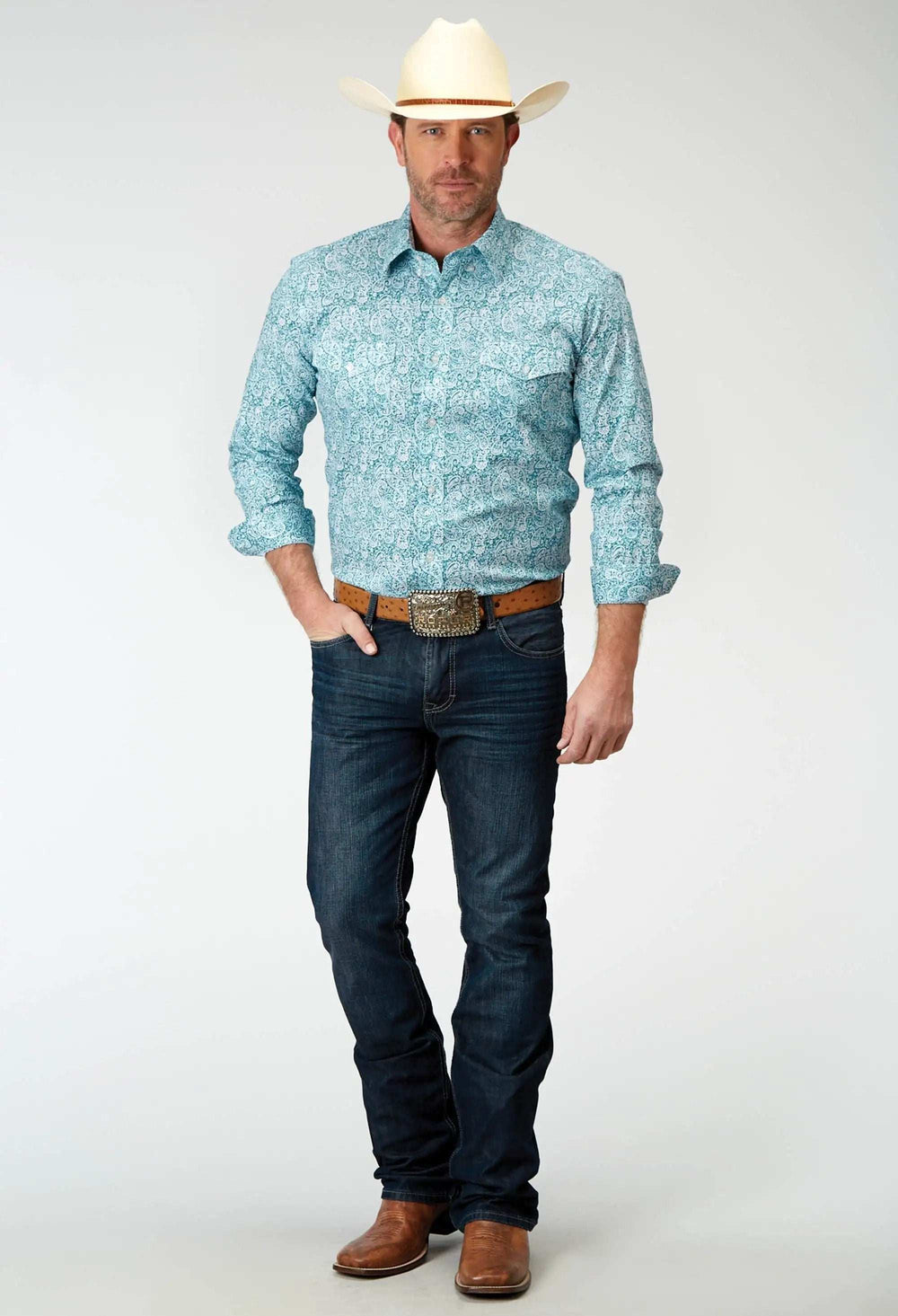 Roper Mens Long Sleeve Button Stretch Poplin Teal Paisley Western Shirt - Roper - Flyclothing LLC