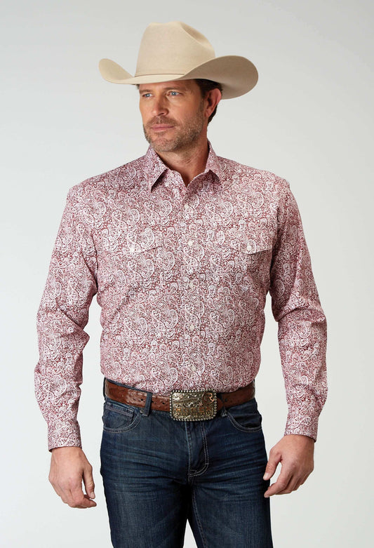 Roper Mens Long Sleeve Button Stretch Poplin Red Paisley Western Shirt - Roper - Flyclothing LLC