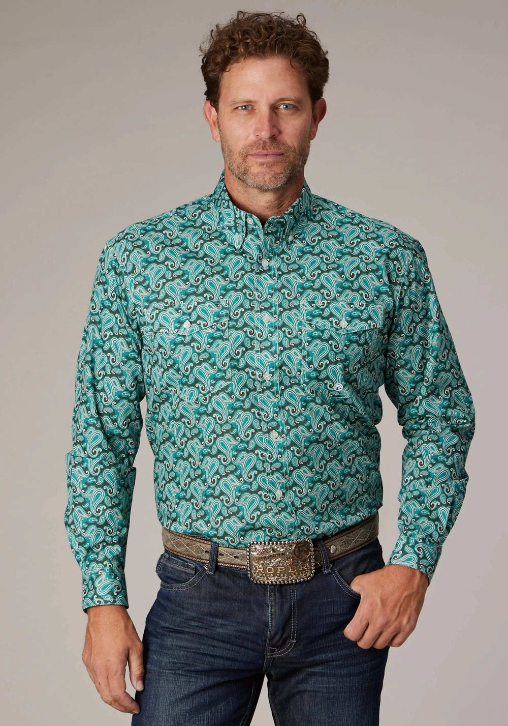 Roper Mens Long Sleeve Button Jade Paisley Western Shirt - Roper - Flyclothing LLC