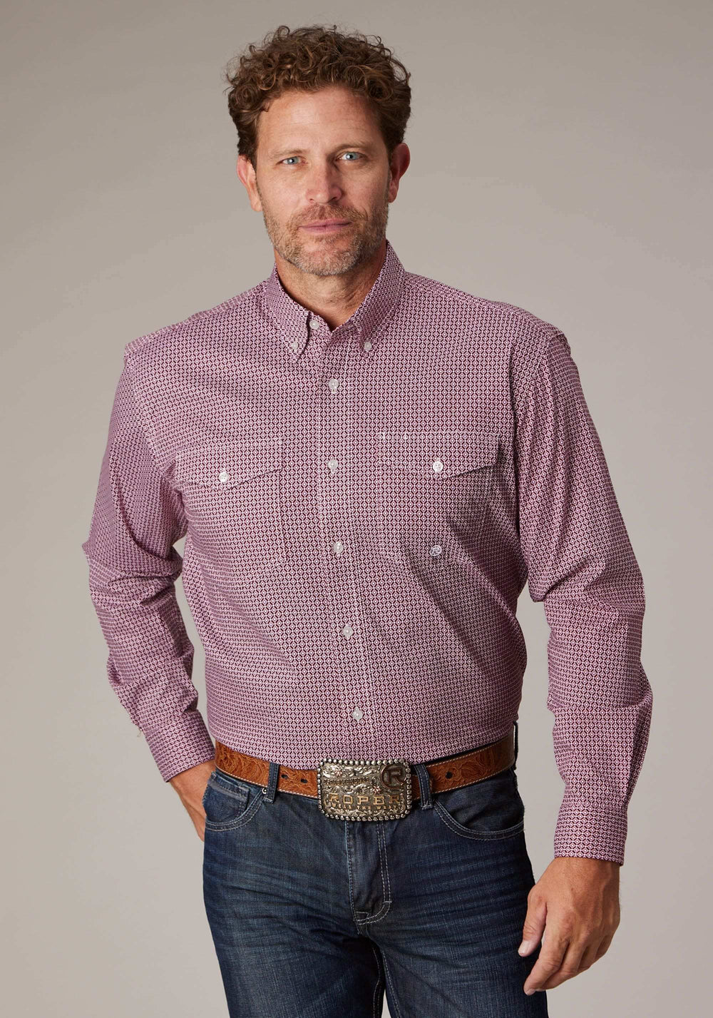 Roper Mens Long Sleeve Button Stretch Neat Red Western Shirt - Roper - Flyclothing LLC