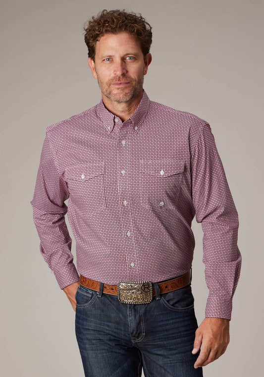 Roper Mens Long Sleeve Button Stretch Neat Red Western Shirt - Roper - Flyclothing LLC