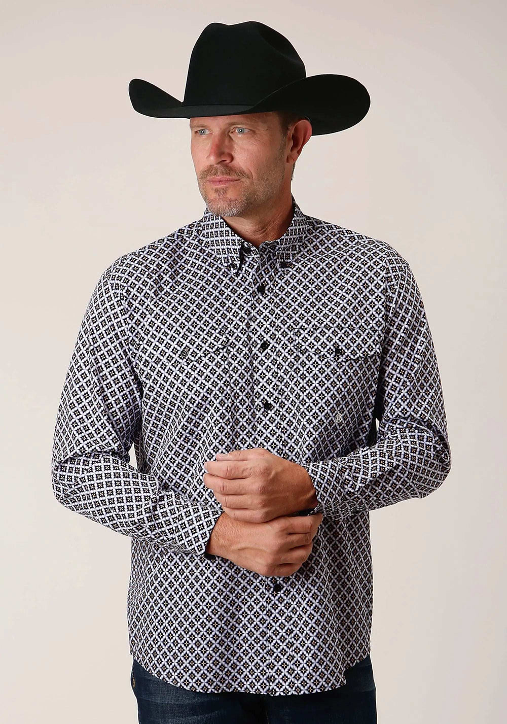 Roper Mens Long Sleeve Button Tile Pattern Foulard Western Shirt - Roper - Flyclothing LLC