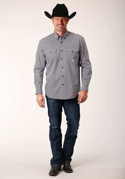 Roper Mens Long Sleeve Button Tile Pattern Foulard Western Shirt - Roper - Flyclothing LLC