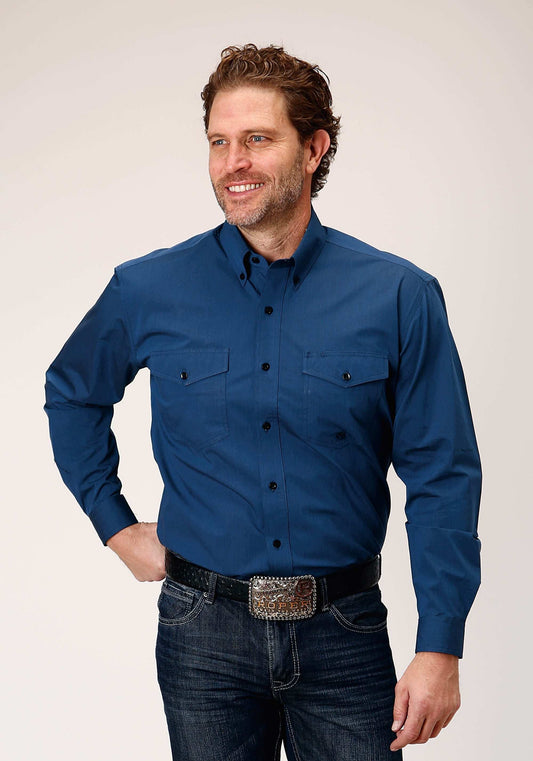 Roper Mens Long Sleeve Button Black Fill Solid Blue Western Shirt - Roper - Flyclothing LLC