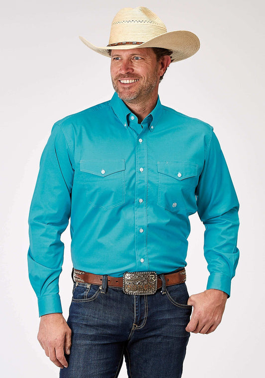 Roper Mens Long Sleeve Button Solid Poplin Stretch Turquoise Western Shirt - Roper - Flyclothing LLC