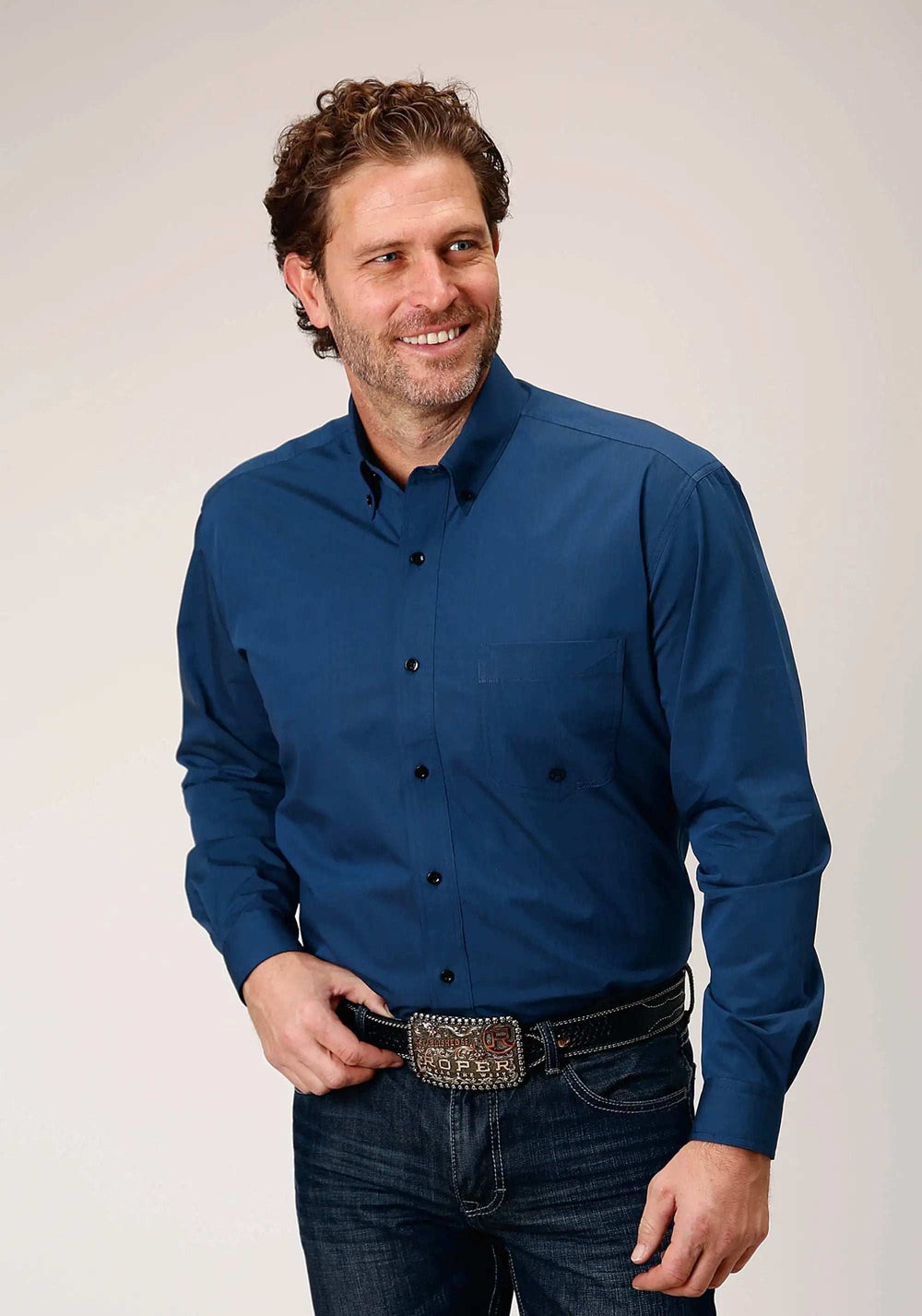 Roper Mens Long Sleeve Button Black Fill Solid Blue Western Shirt - Roper - Flyclothing LLC