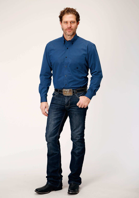Roper Mens Long Sleeve Button Black Fill Solid Blue Western Shirt - Roper - Flyclothing LLC