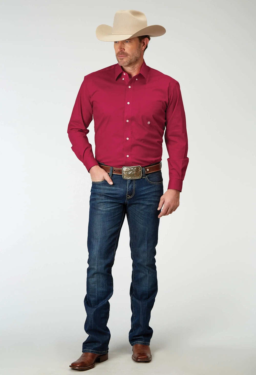 Roper Mens Long Sleeve Button Solid Poplin Stretch Red Western Shirt - Roper - Flyclothing LLC