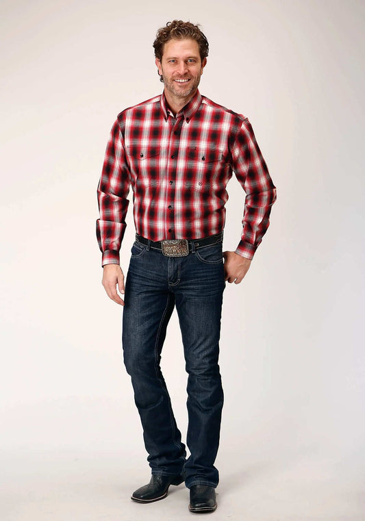 Roper Mens Long Sleeve Button Basic Red Plaid Western Shirt - Roper - Flyclothing LLC