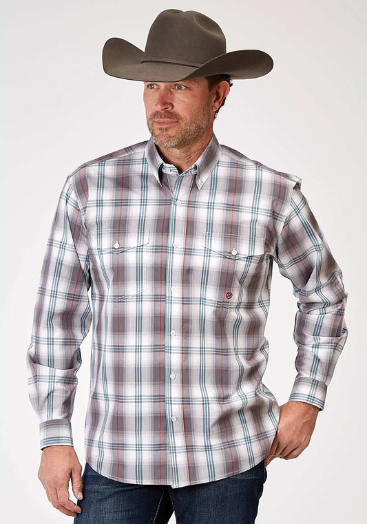 Roper Mens Long Sleeve Button Gray Cloud Plaid Western Shirt - Roper - Flyclothing LLC