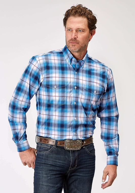 Roper Mens Long Sleeve Button Stretch Poplin Blue Plaid Western Shirt - Roper - Flyclothing LLC