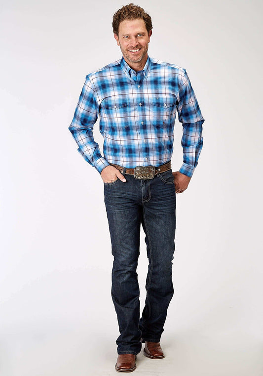 Roper Mens Long Sleeve Button Stretch Poplin Blue Plaid Western Shirt - Roper - Flyclothing LLC