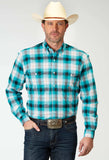 Roper Mens Long Sleeve Button Stretch Poplin Turquoise Plaid Western Shirt - Roper - Flyclothing LLC