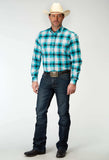 Roper Mens Long Sleeve Button Stretch Poplin Turquoise Plaid Western Shirt - Roper - Flyclothing LLC