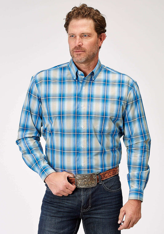 Roper Mens Long Sleeve Button Chicory Ombre Plaid Western Shirt - Roper - Flyclothing LLC