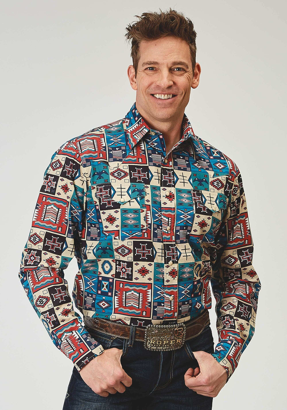 Roper Mens Long Sleeve Snap Vintage Patchwork Print Western Shirt - Roper - Flyclothing LLC
