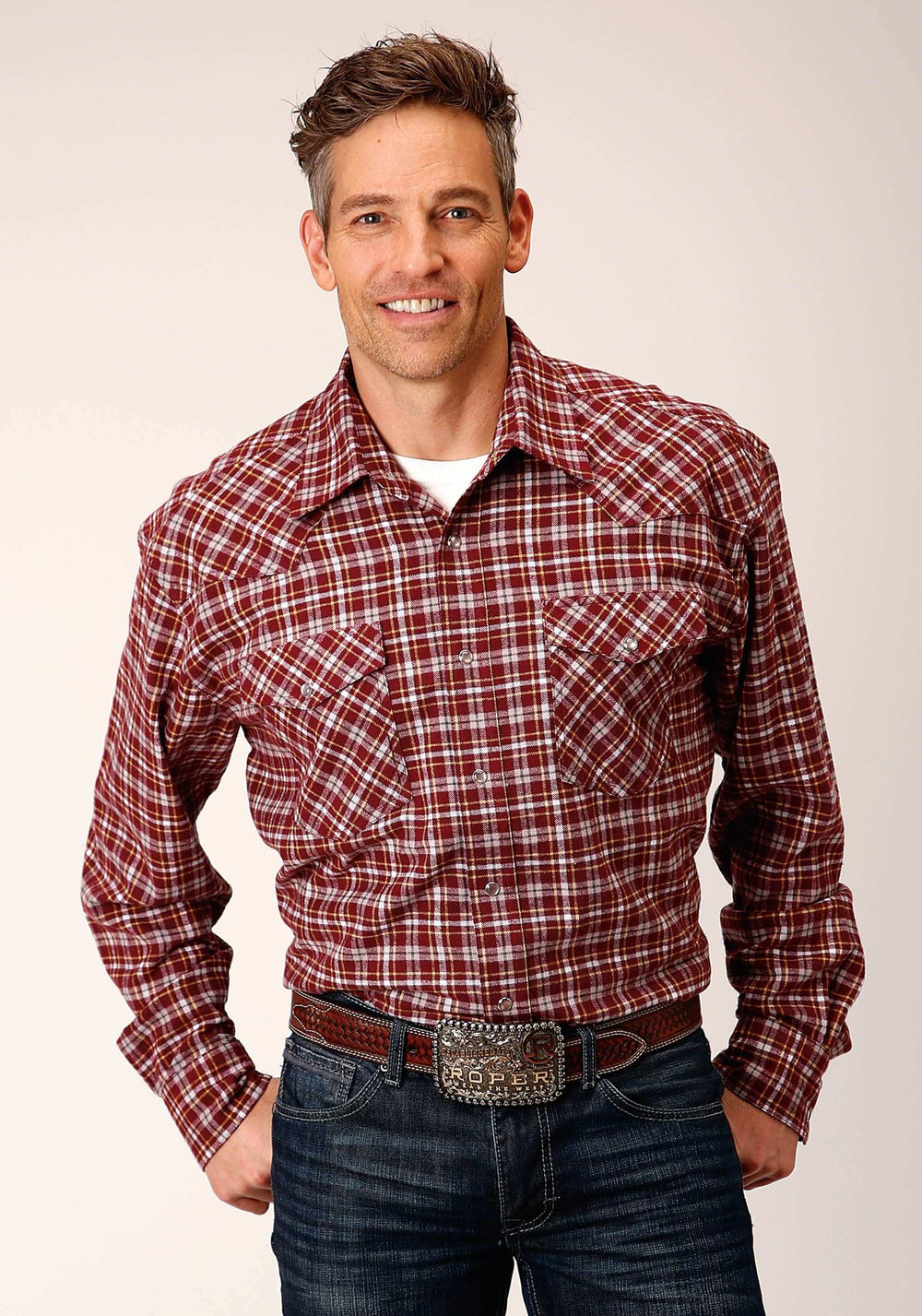 Roper Mens Long Sleeve Snap Unlined Wine Grey And Gold Flannel Plaid Shirt Western Shirt Tall Fit - Roper - Flyclothing LLC