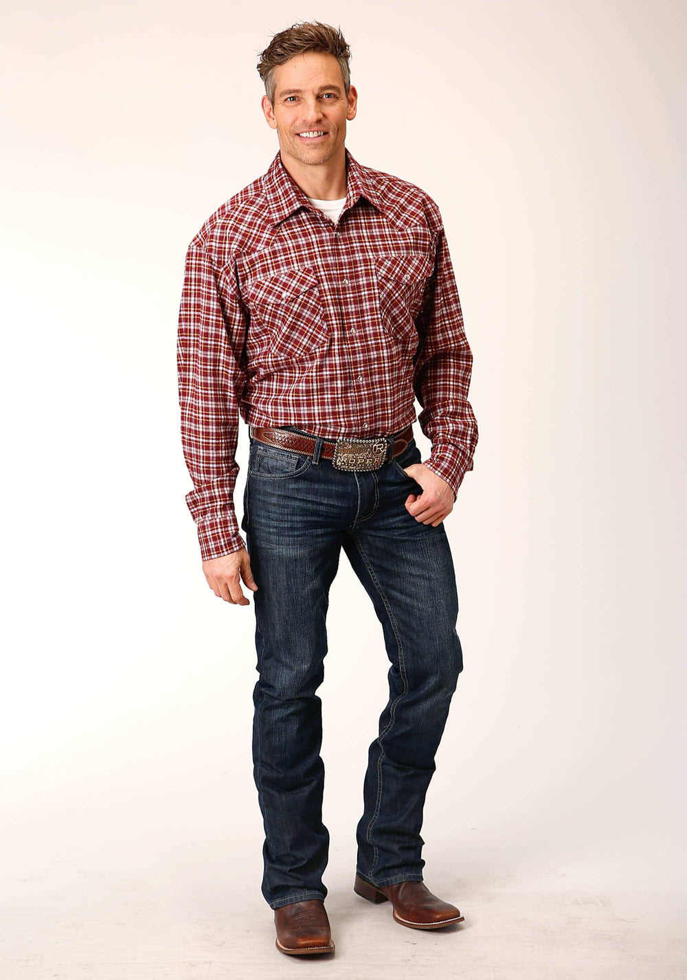 Roper Mens Long Sleeve Snap Unlined Wine Grey And Gold Flannel Plaid Shirt Western Shirt Tall Fit - Roper - Flyclothing LLC