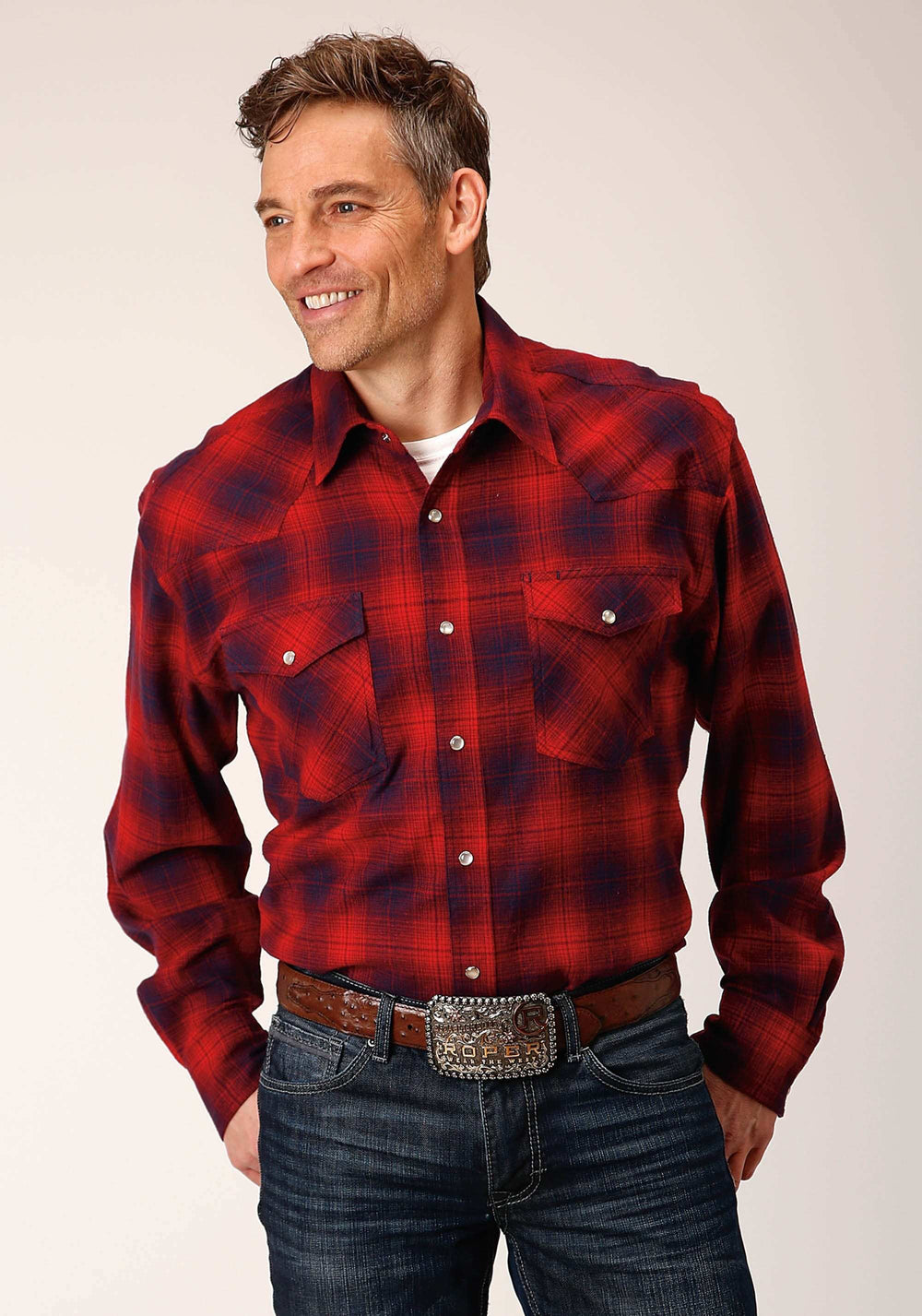 Roper Mens Long Sleeve Snap Unlined Red Wine Navy Flannel Plaid Shirt Western Shirt Tall Fit - Roper - Flyclothing LLC